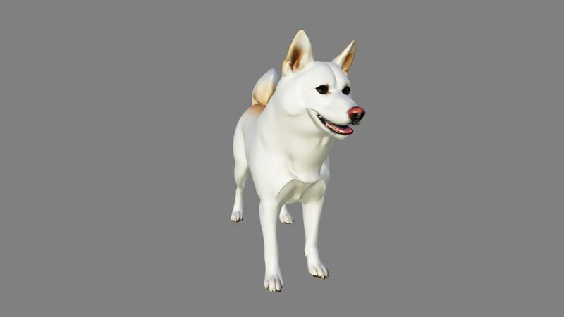 A 3D model of the same white dog, rendered from a different angle