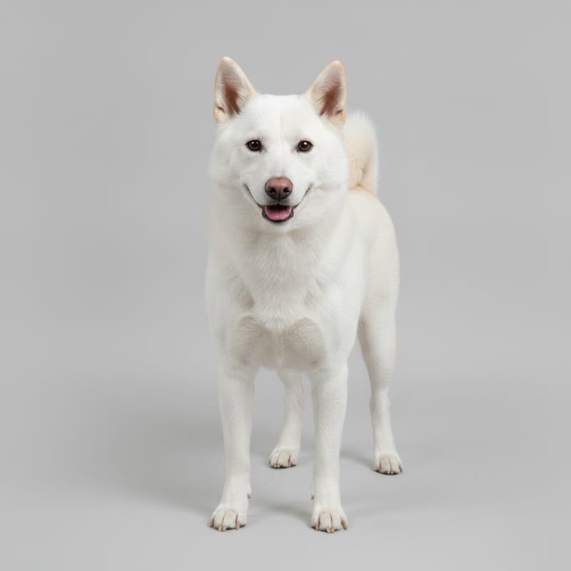 Studio photograph of a white Shiba-type dog standing on a grey background