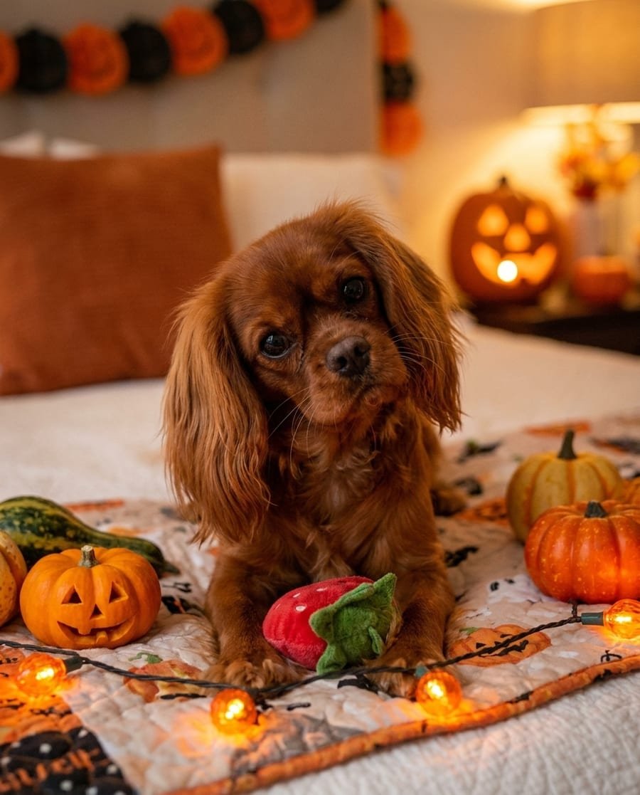 The same spaniel rendered into a Halloween scene with pumpkins and lights