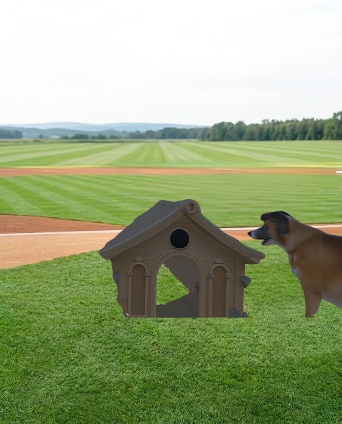Camera view of a 3D dog and a doghouse model placed on a real grass field