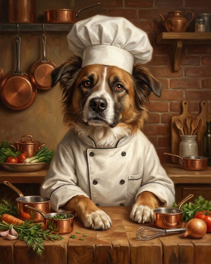 A stylised chef-themed pet portrait
