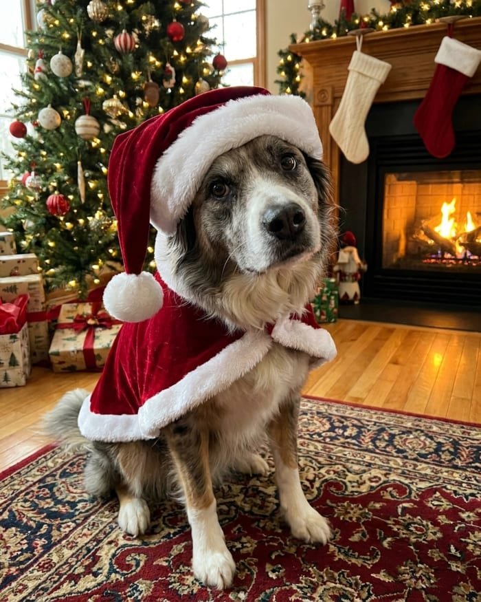 A dog rendered into a festive Christmas scene
