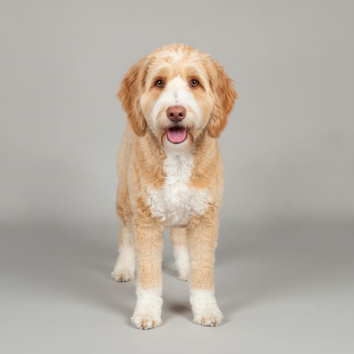 A dog resting calmly, looking toward the camera
